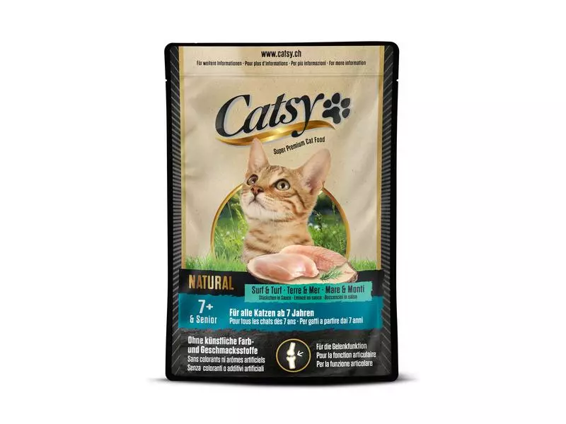 Catsy Nassfutter 7+ Cat Pouch Surf & Turf, 12 x 85 g 4 Catsy Nassfutter 7+ Cat Pouch Surf & Turf, 12 x 85 g – Bild 2